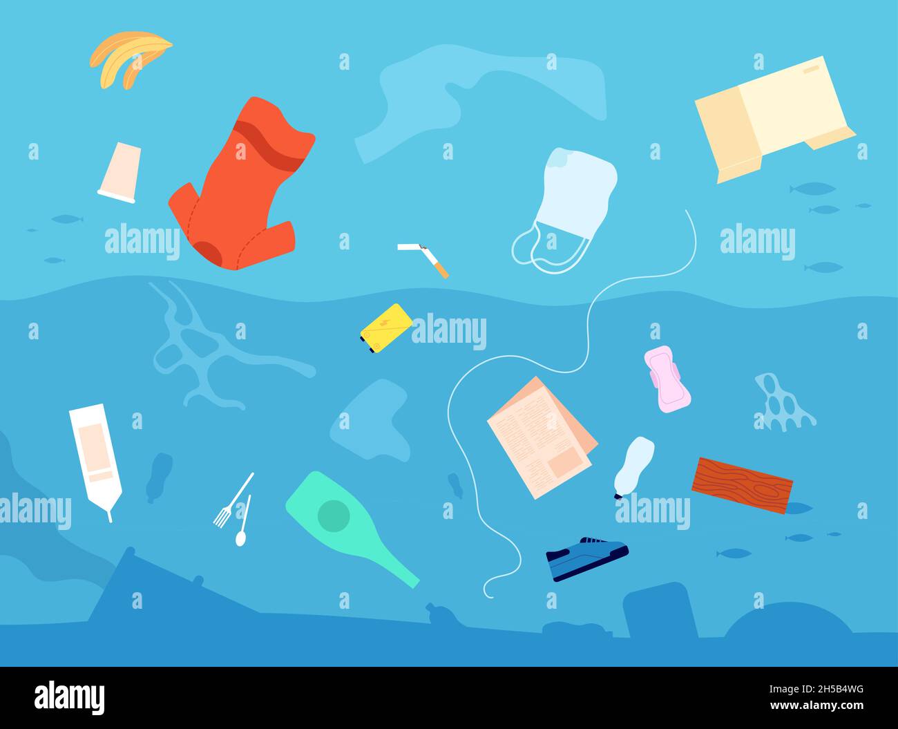 Garbage in water. Dirty waste sea, plastic bag bottle trash floating in sea. Stop polluted environment, rubbish eco problems utter vector concept Stock Vector