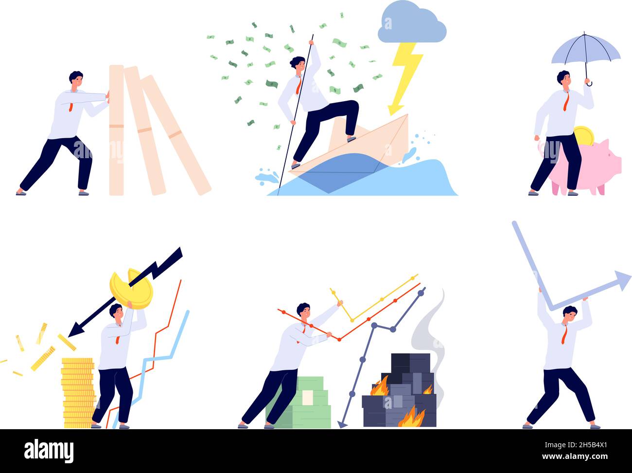 Financial crisis. Economic trend, risk money decline or bankruptcy. Businessman lost finance, failure. Man trying save business utter vector set Stock Vector