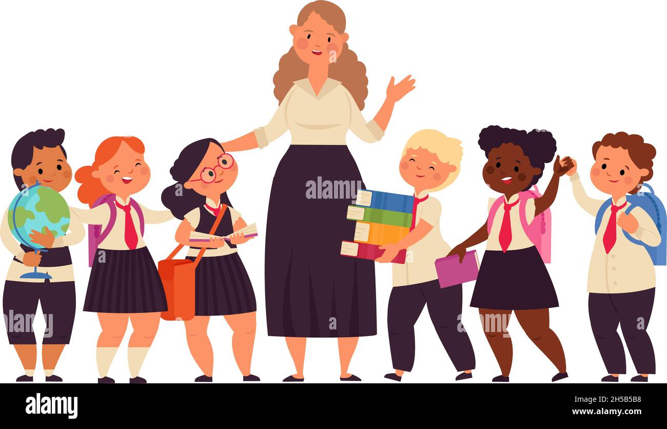 Happy kids with teacher. Student college teacher, cartoon kid of elementary school. Diverse boy girl group, education decent vector characters Stock Vector