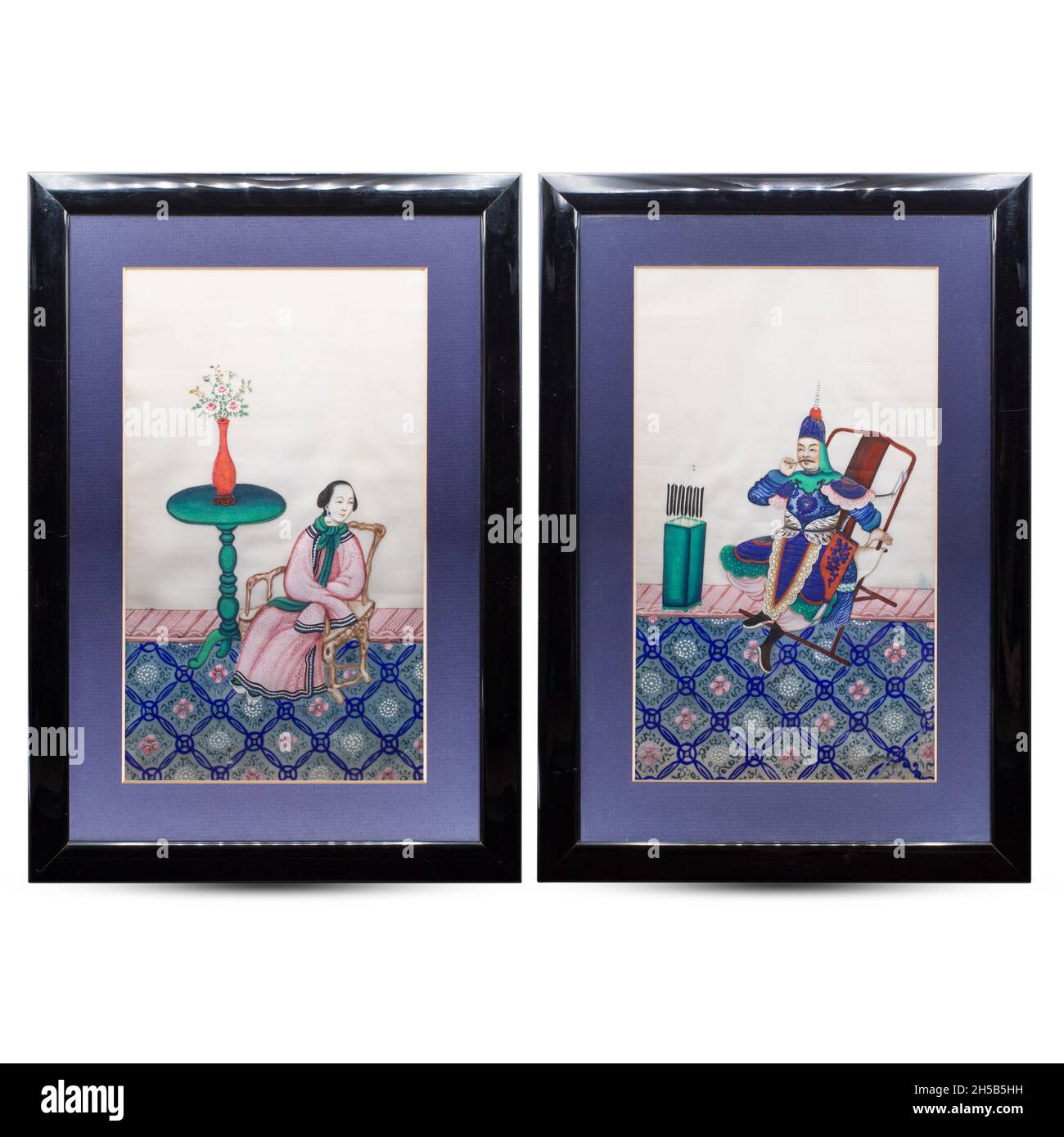 Large Pair of Antique Chinese Export Paintings on Pith Paper. 19th