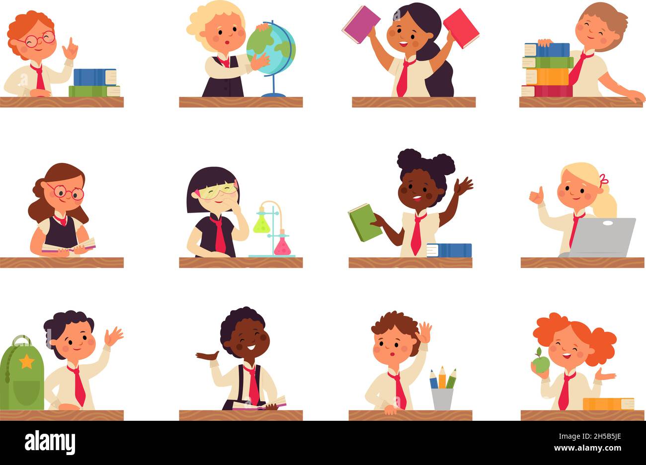 Kids study at desk. Kid studying with laptop, boy sit and doing homework. Young student write exam, girl thinking at table, decent vector characters Stock Vector