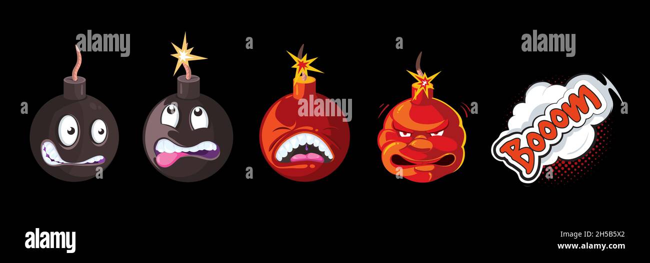 Bomb explosion animation. Cartoon bombs, funny wicked emoji. Comic boom and awesome game vector characters Stock Vector
