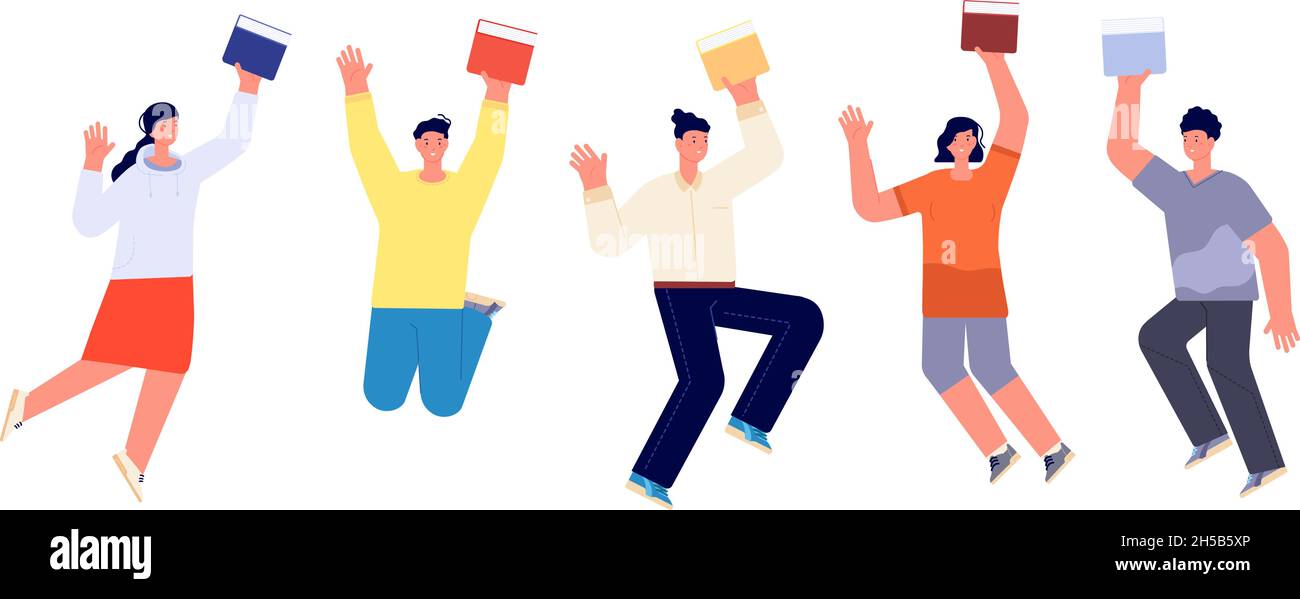 Happy students with books. Jump student, book flat college teenagers
