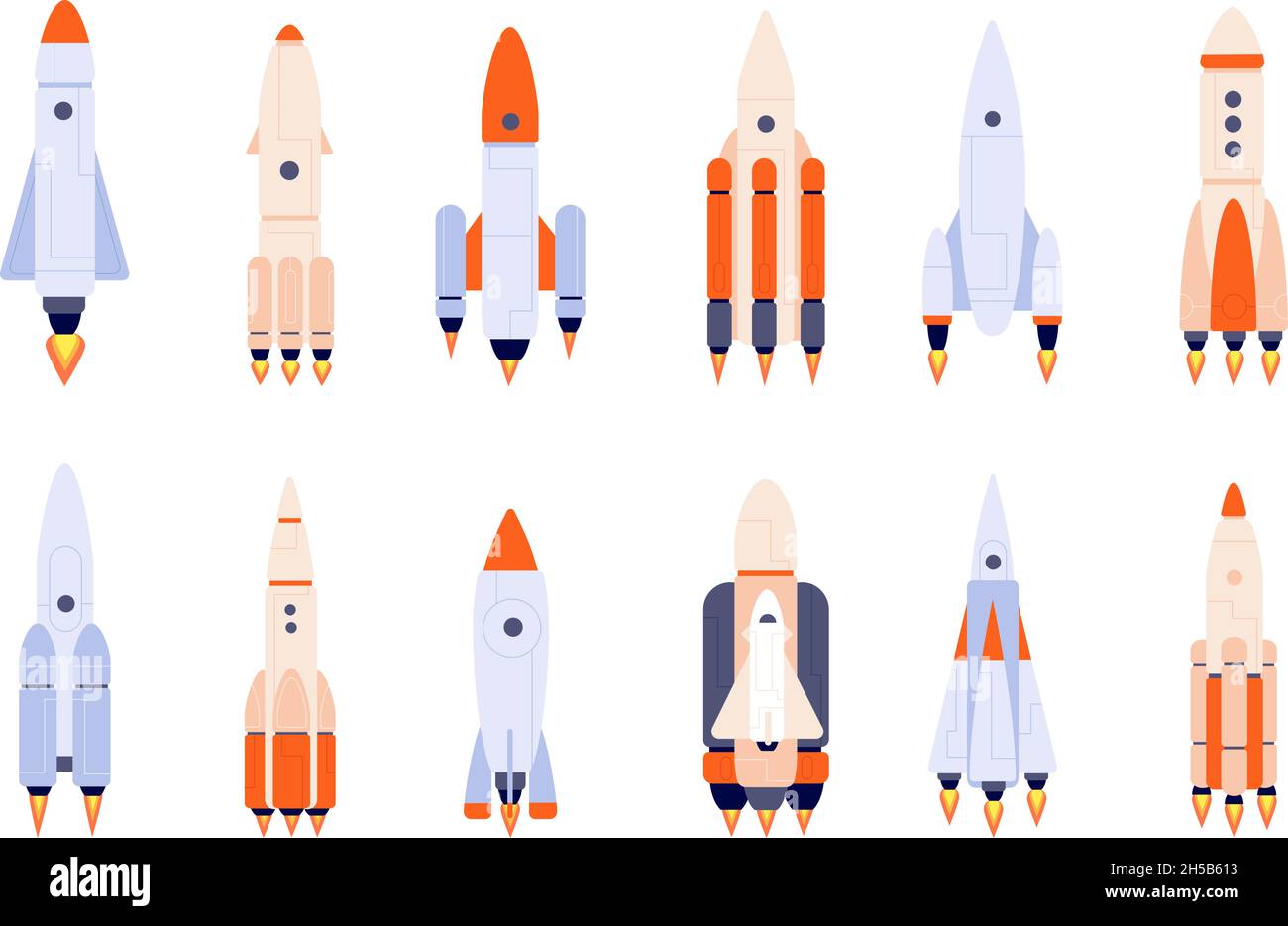Flat rocket. Space rockets, spaceship start up or idea launch. Isolated shuttle on start, cartoon business development metaphor utter vector icons Stock Vector