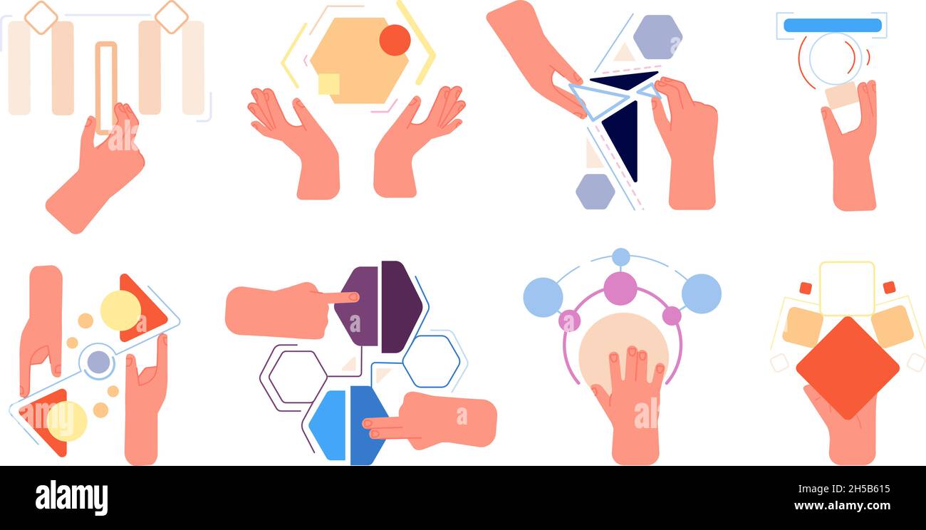 Cooperation metaphor. Hands collect abstract geometric shapes. Business solution, collaboration or teamwork. Creative analytics utter vector concept Stock Vector