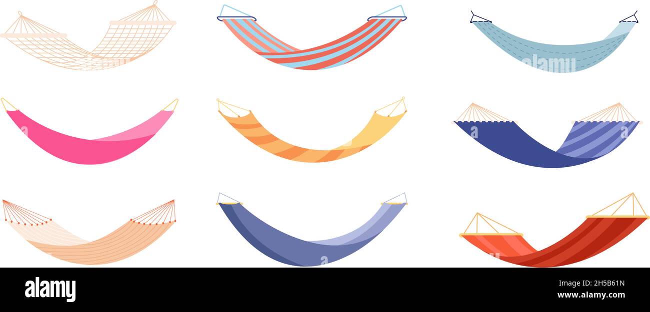 Hammocks. Relaxation hammock, modern relax lifestyle decoration. Isolated fabric swing for beach or summer outdoor recreation rest vector set Stock Vector