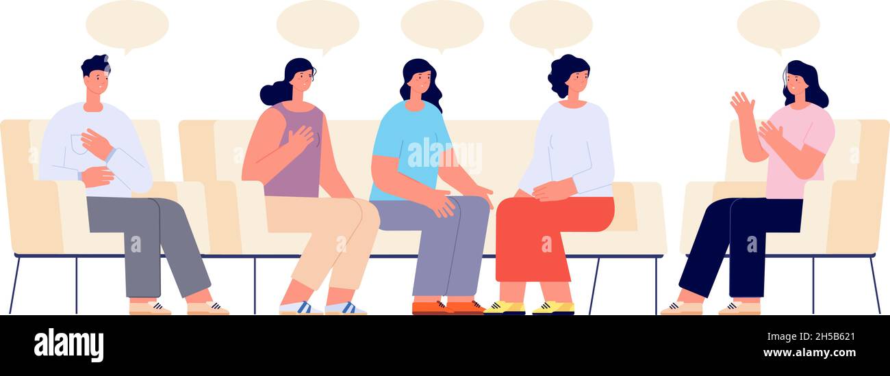 Therapy support group. Addiction group, female doctor on couch meeting. Supporting patient, psychologist consulting session utter vector concept Stock Vector