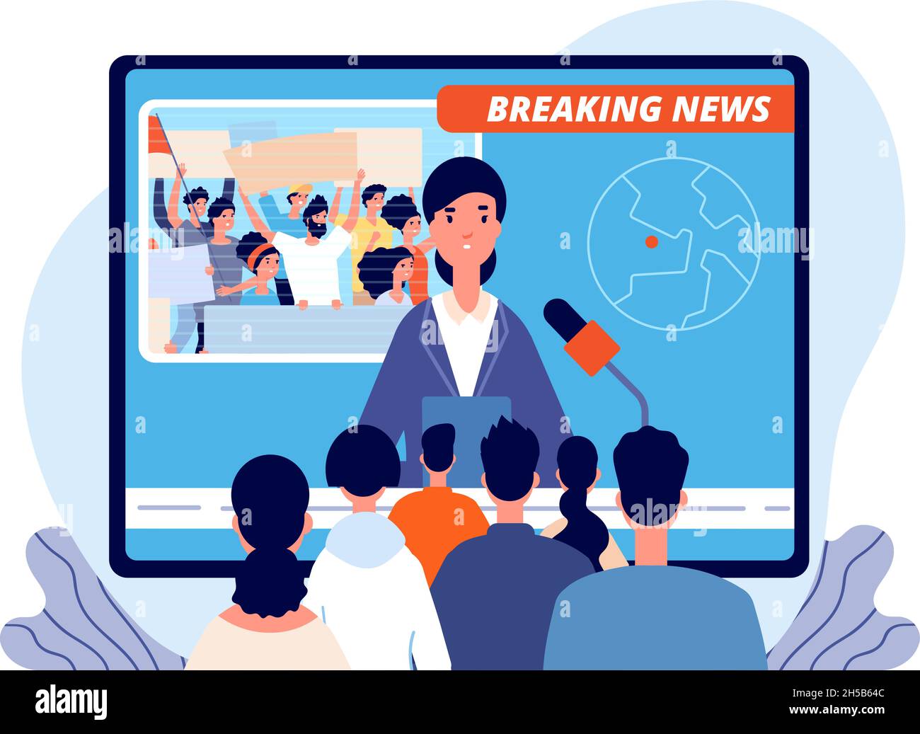 Live news. Cartoon tv broadcast, sport fans or journalist interview. Television media studio, breaking reporting about protest utter vector concept Stock Vector