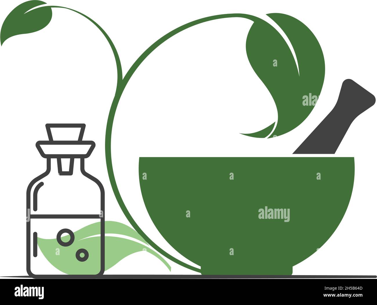 Ayurvedic mortar and pestle with green leaves and bottle. Alternative
