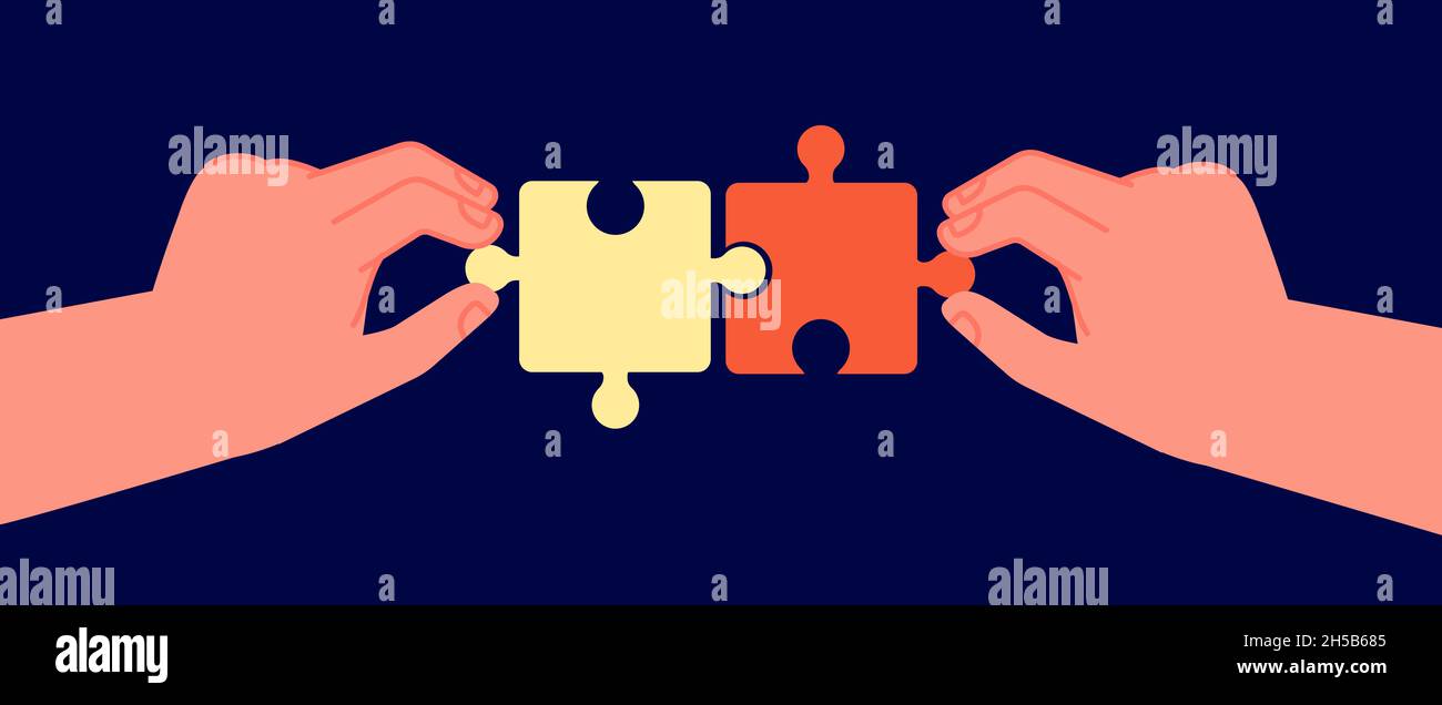 Business cooperation concept. Symbol connecting, puzzle pieces in two hands. Partnership collaboration teams, businessman partners utter vector Stock Vector