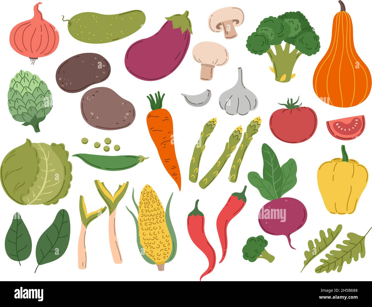 Fresh color vegetables set. Vegetarian farm, broccoli green healthy vegetable. Isolated greens, doodle onion big tomatoes. Cooking exact vector set Stock Vector