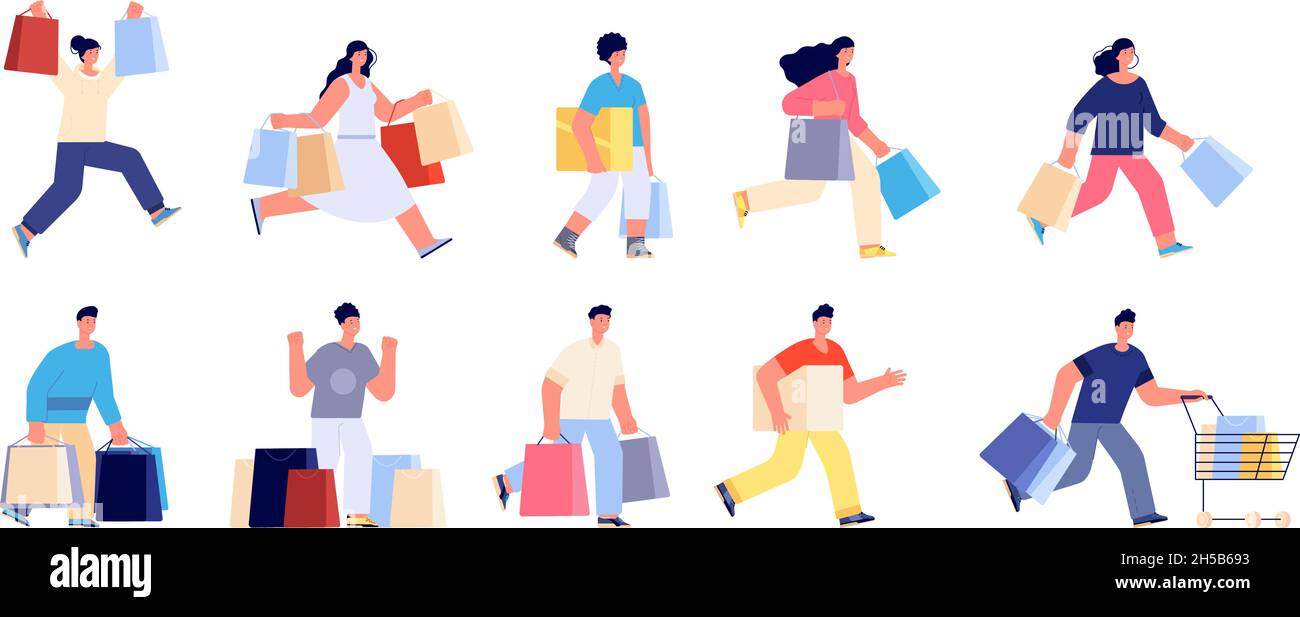 Flat shopping persons. Shop couple, people with cart and purchase. Woman man holding bags box, isolated discount buyers utter vector characters Stock Vector