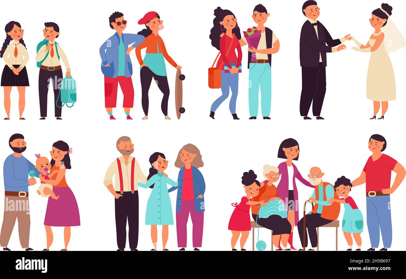 Family stages. Cartoon men play with children, steps of couple to marriage. Different generation characters, happy husband and wife decent vector set Stock Vector