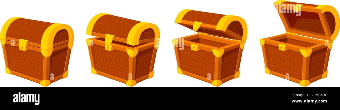 Cartoon treasure chest. Wooden chests, animation open empty wood box. Game icons or mysterious elements, vintage opened closed recent vector design Stock Vector