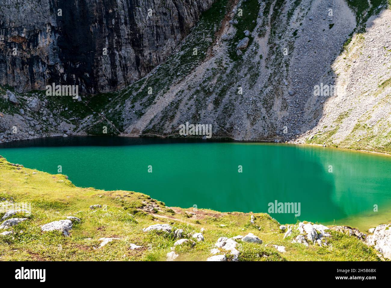 Leh de Boe lake on Sella mountain group in Dolomites mountains in Italy Stock Photo