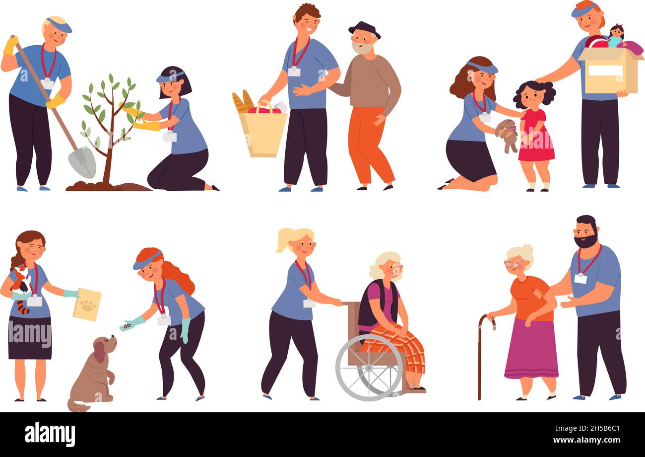 Volunteer care. Old people nurse, isolated young human helping senior. Volunteers service, helpful person and nursing for elderly decent vector set Stock Vector