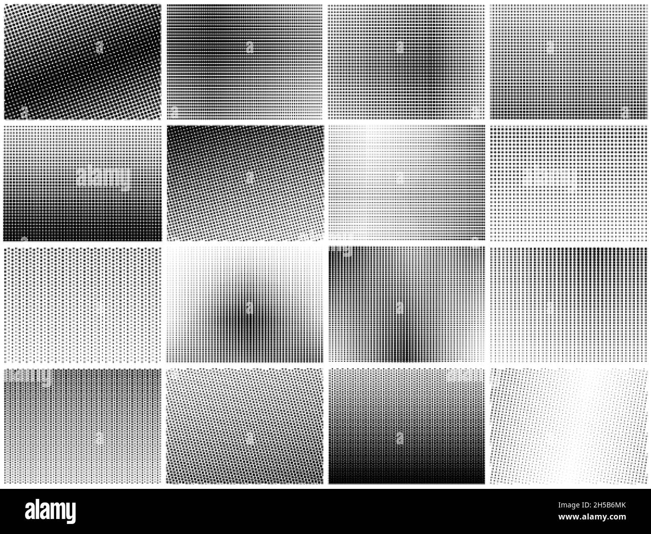 Halftone dots texture set. Grainy textures, dot gradient pattern. Textured circles background, black small round lines recent vector collection Stock Vector