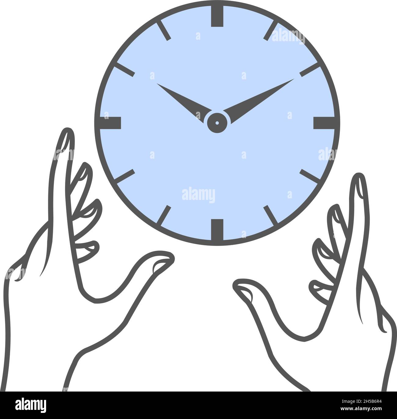 Hands trying to hold a clock. Time management concept. Flat style illustration. Isolated. Stock Vector