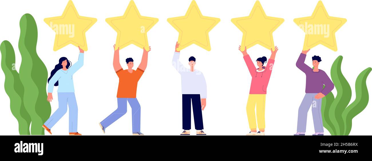 Client feedback review. Goods reviews, customers popular service. People ranking stars, woman man rate. Best quality rank utter vector concept Stock Vector