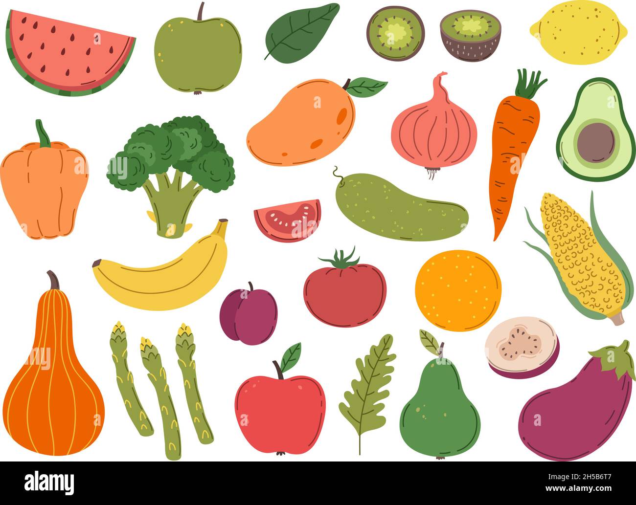 Doodle farm vegetables fruits. Colorful vegetable, flat diet carrot lemon broccoli. Cooking raw food, color cartoon exact vegetarian vector big set Stock Vector
