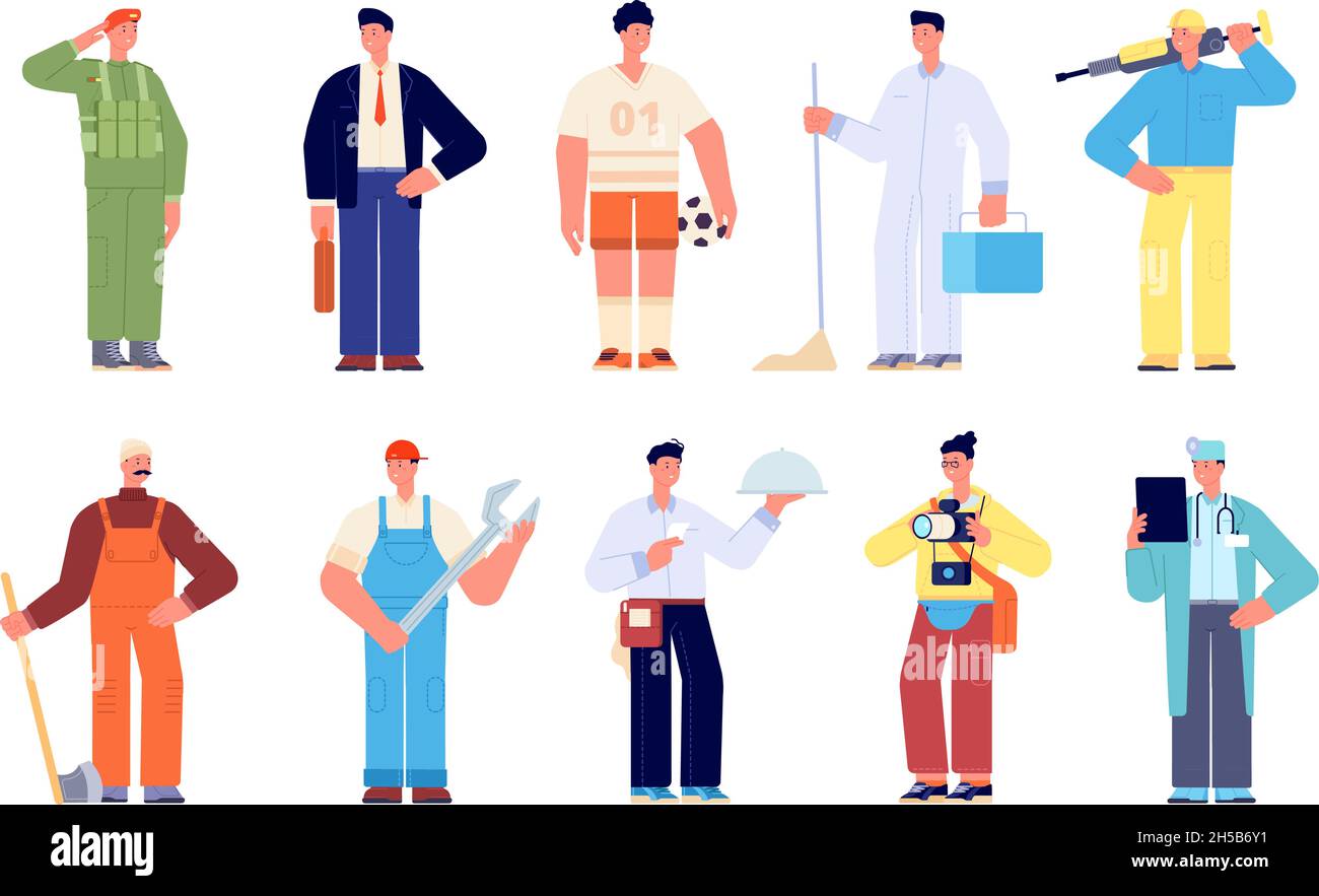 Different workers. Group young working characters, diversity professions. Builder worker, doctor businessman. Job occupation utter vector set Stock Vector
