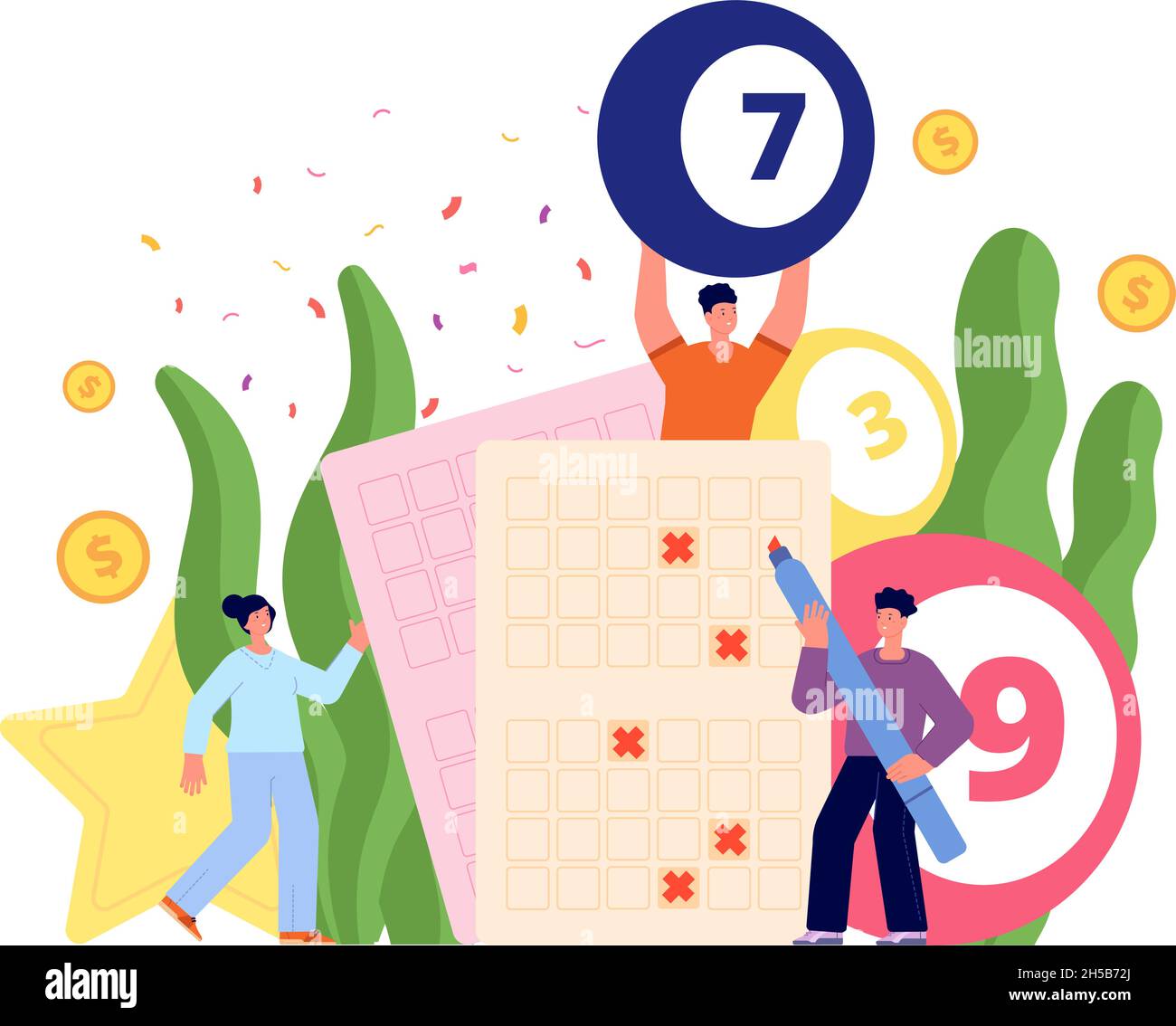 Lottery game concept. Internet casino, bingo gaming entertainment. Online lotto or lucky ball, online gambling players. Winning people utter vector Stock Vector