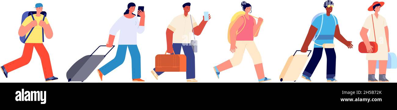 Tourists walking. Happy young tourist, travel airport queue. Woman man with suitcase bag luggage. Flat adult touristic group utter vector characters Stock Vector