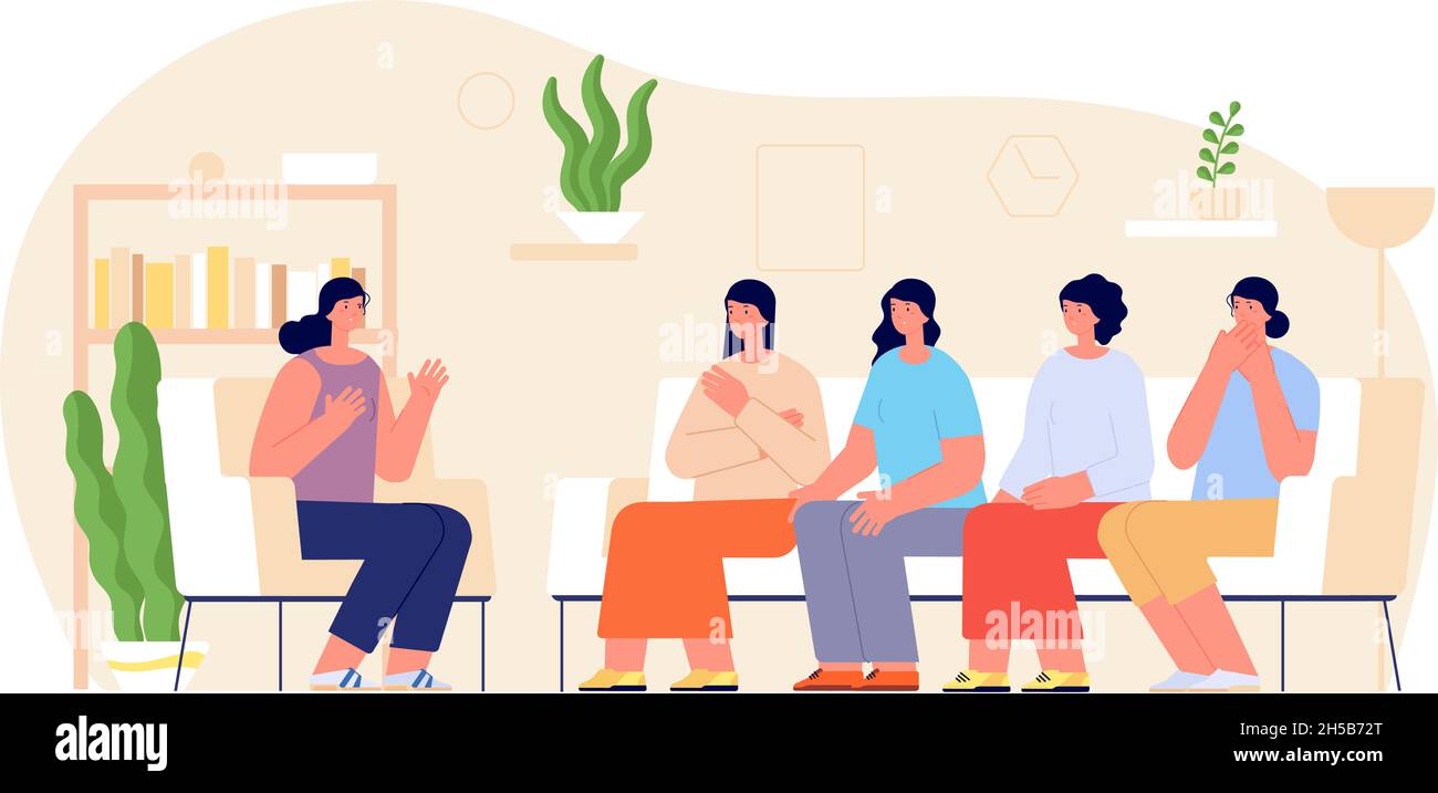 Women group therapy. Woman support, female talking meeting. Psychotherapy session, girl discuss in community, friendship utter vector concept Stock Vector