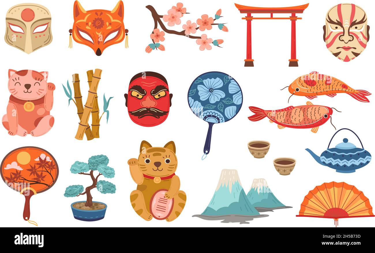 Flat japanese elements. Traveling symbols japan, cute travel elements. Tea, mountain and traditional sakura. Neko cats, landmarks exact vector set Stock Vector