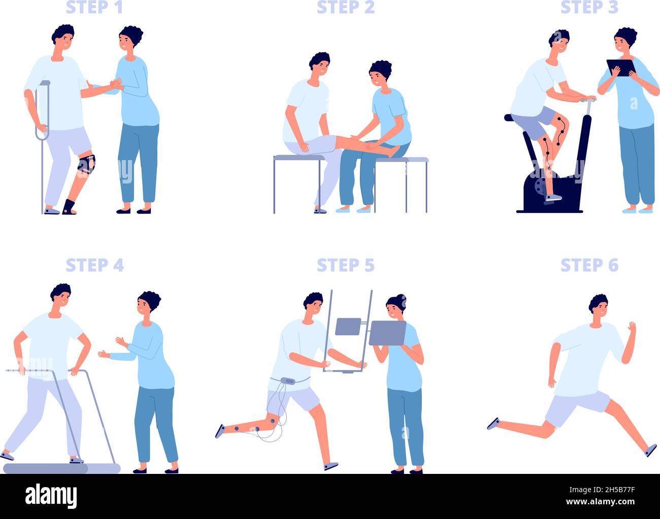 Injury rehabilitation. Stretching, recovery health training. Disability person physiotherapy, leg treatment in hospital with doctor utter vector Stock Vector