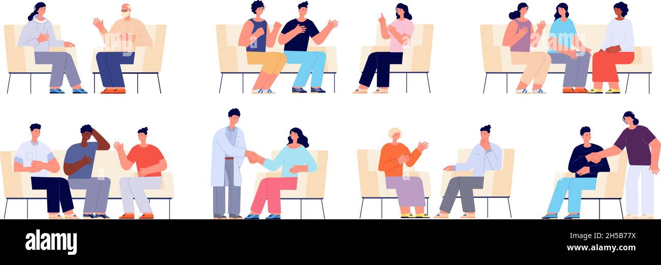 Group therapy. People sitting chairs, person on sofa or couch talk with consultant. Adults talking, psychologist and psychology support utter vector Stock Vector