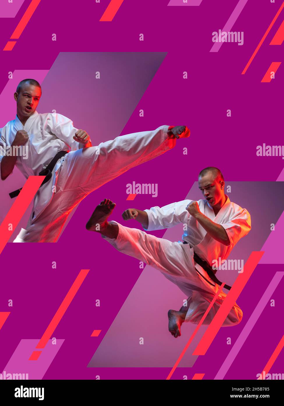 Creative artwork of professional sportsman training, practising martial art of Karate, judo, taekwondo isolated isolated over pink background. Stock Photo