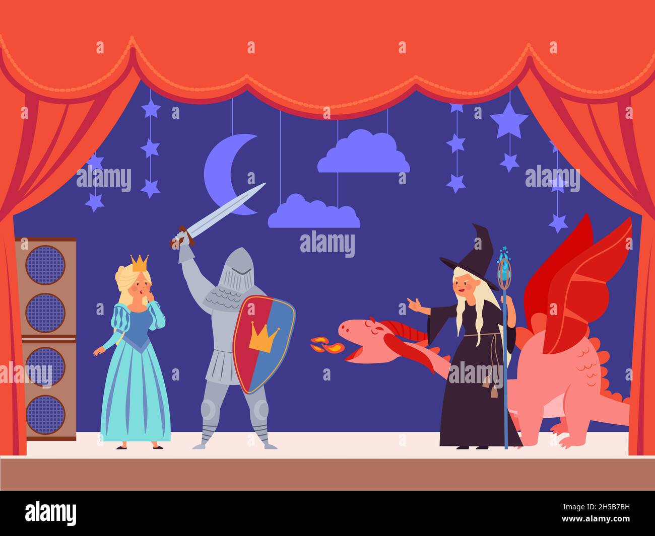 Kids theater. Cartoon kid, flat street public act on stage for children. Tale entertainment, actors in costumes. Magic show decent vector illustration Stock Vector