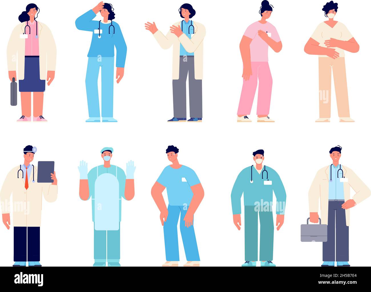 Different medical characters. Man doctors nurse, doctor with mask. Cartoon dentist, male surgeons. Hospital female work, intern utter vector set Stock Vector