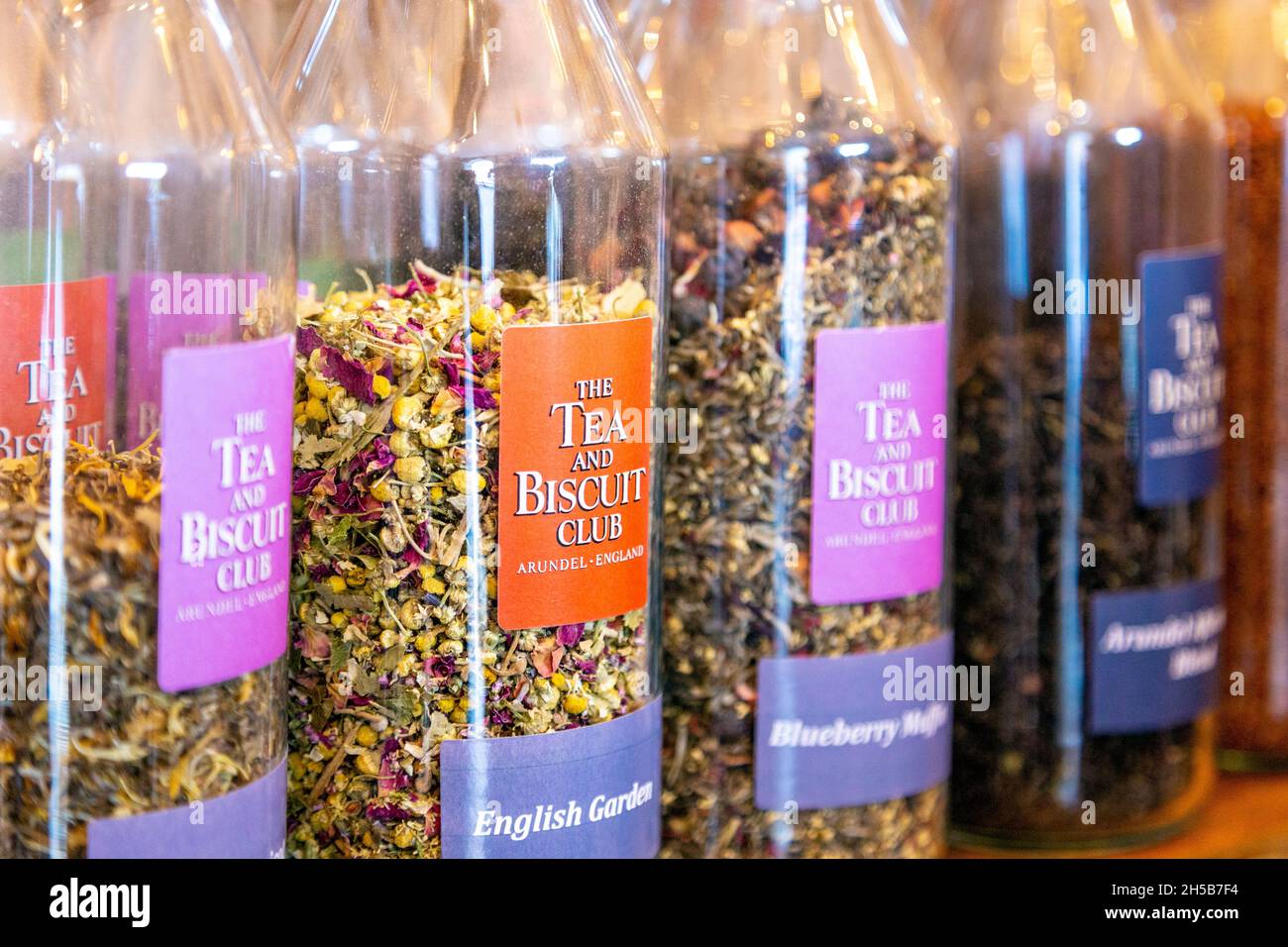 Close-up of a selection of teas in glass jars at The Tea and Biscuit Club shop in Arundel, West Sussex, London, UK Stock Photo