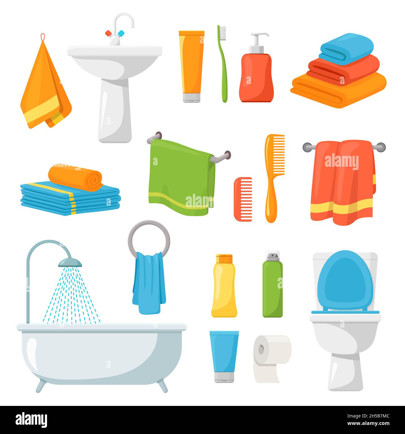 Bathroom accessories. Spa hygiene product, sink towel bath. Body care  elements, cartoon soap toothbrush shampoo and deodorant recent vector set  Stock Vector Image & Art - Alamy