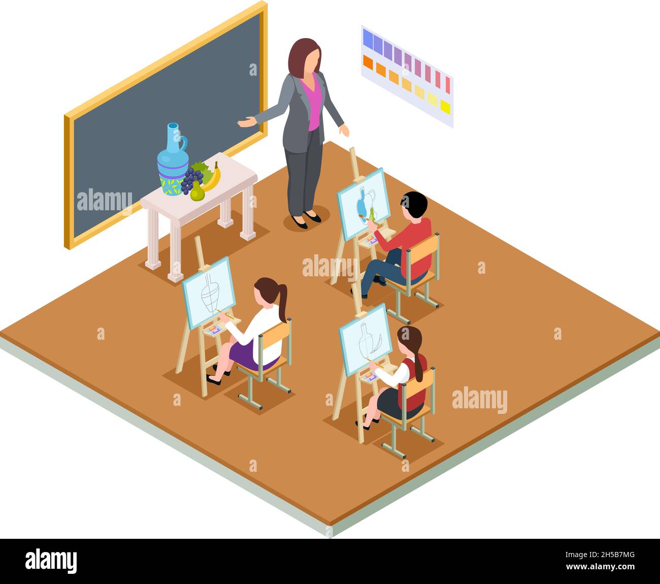 Art therapy session. Kids drawing class, children paint and teacher at desk. Isometric school time vector concept, education room interior Stock Vector