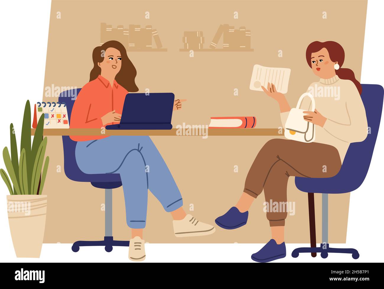 Job interview. Woman resume, women at office. HR manager and employee, young professional. Female characters talking at desk vector concept Stock Vector