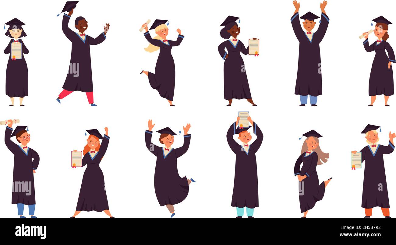 Graduate characters. Cartoon graduation boy, academic kids with diploma. Smiling students holding certificate, celebrating persons decent vector set Stock Vector