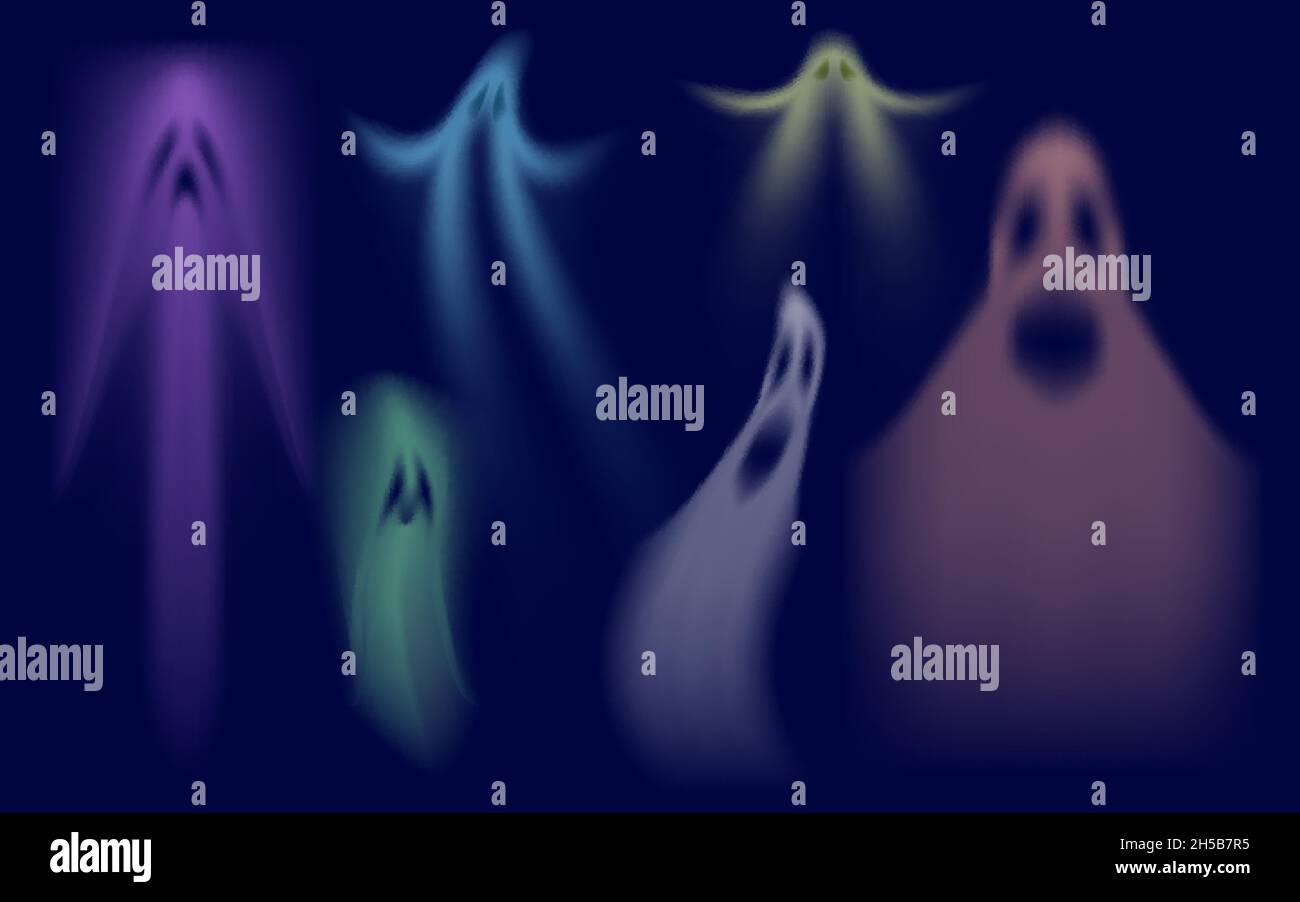 Colorful shadows ghost. Swanky halloween ghost, crazy transparent spirits vector set Stock Vector