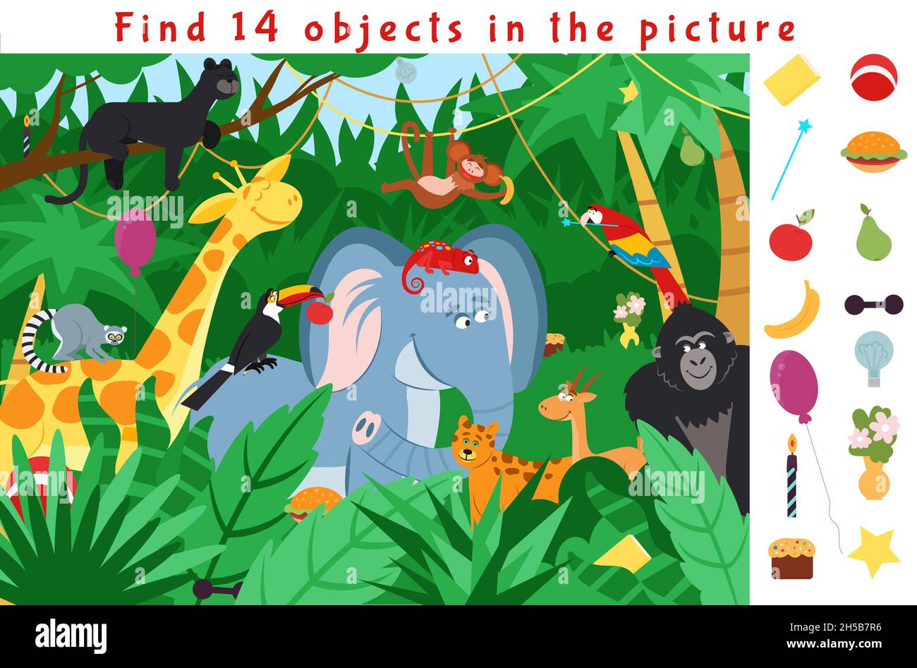 Hidden object puzzle. Kid learning game, find objects in jungle forest.  School educational worksheet play, fun activity with animals decent vector  Stock Vector Image & Art - Alamy