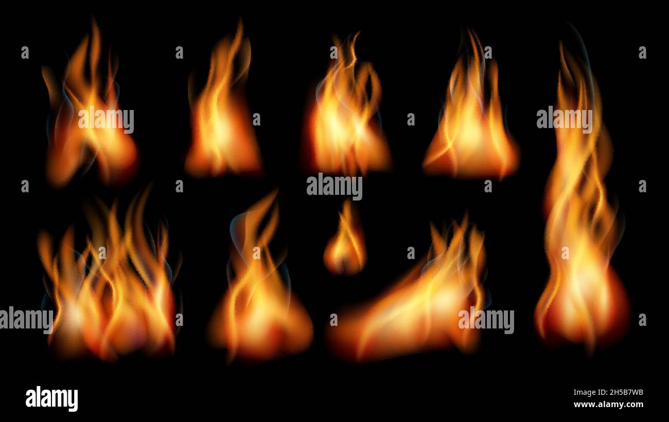 Realistic fire. Bright flames, fires flame isolated on black. Smoke