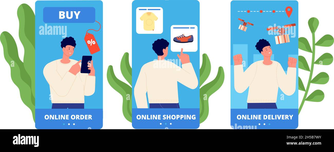 Mobile app shopping template. Online shop, easy buy and pay. Apps development, ui ux graphic. Flat ecommerce, man order on phone utter vector set Stock Vector