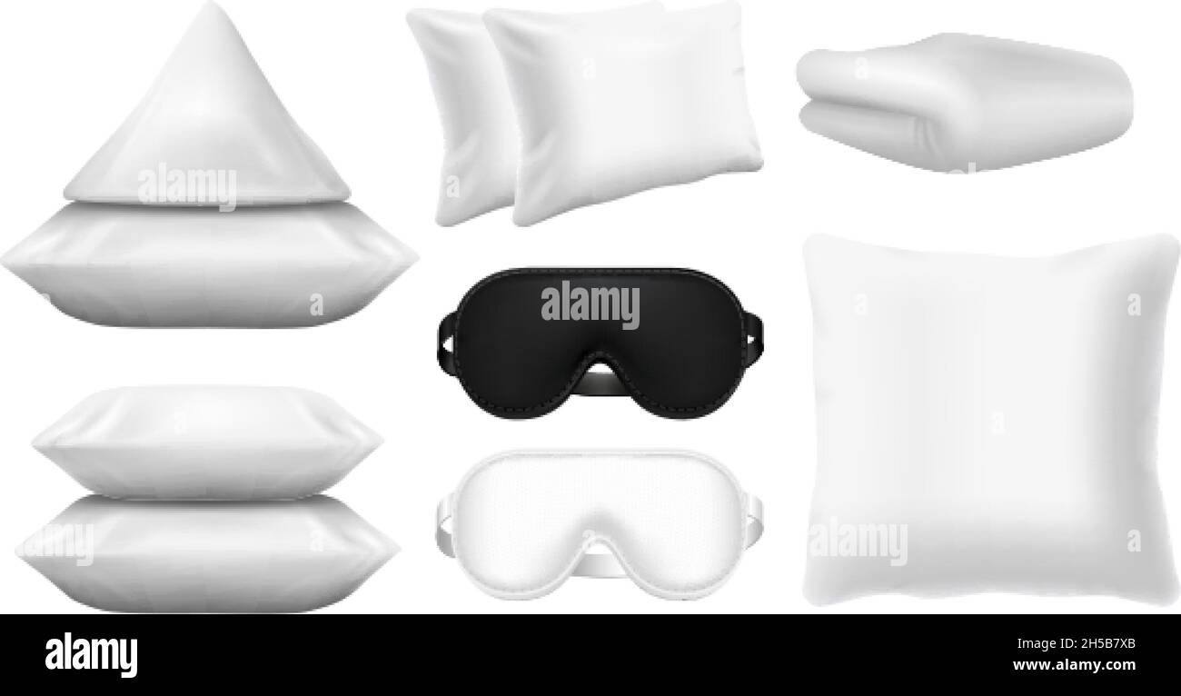 Realistic sleep accessories. Sleeping mask, pillow, blanket. White