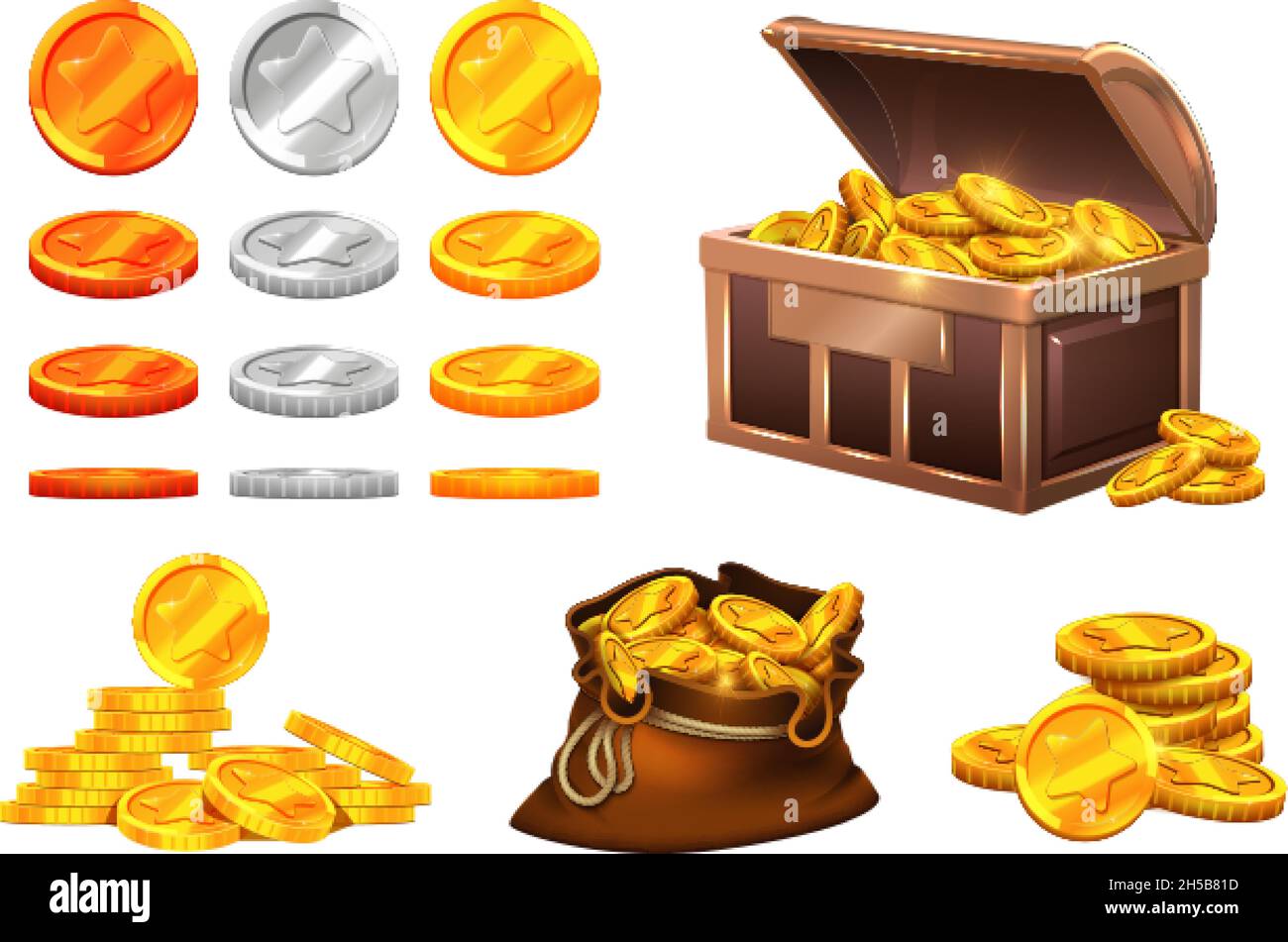 Golden silver coins. Wooden chest coin treasures, bronze gold medals with stars. Isolated bag with money, cartoon game vector elements Stock Vector