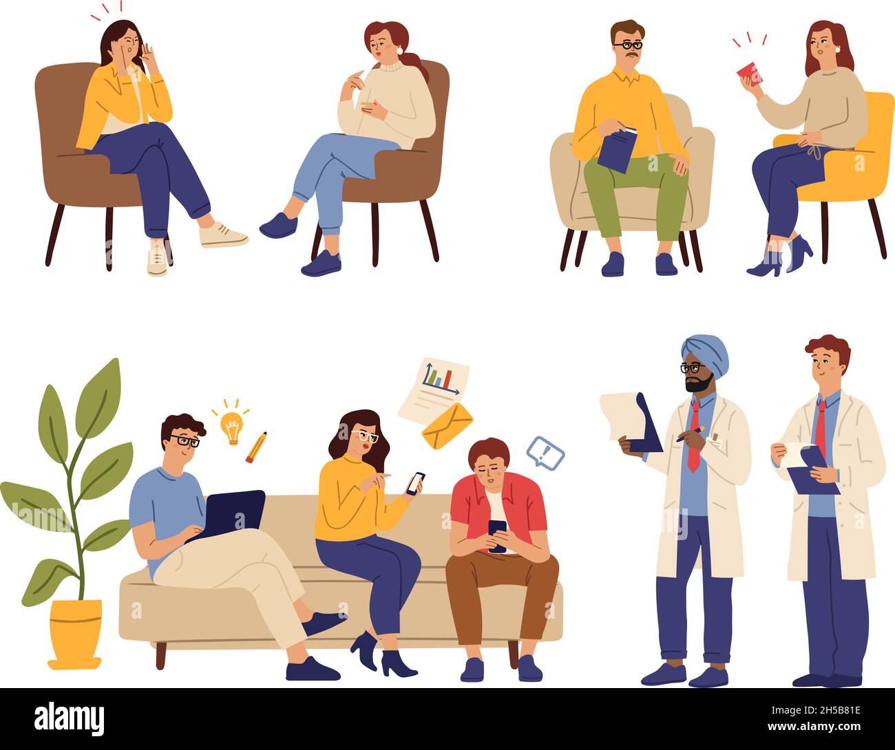 Psychotherapy concept. Doctor consulting, personal and group therapy. Gadget, social network and work addiction. People at psychotherapist vector set Stock Vector