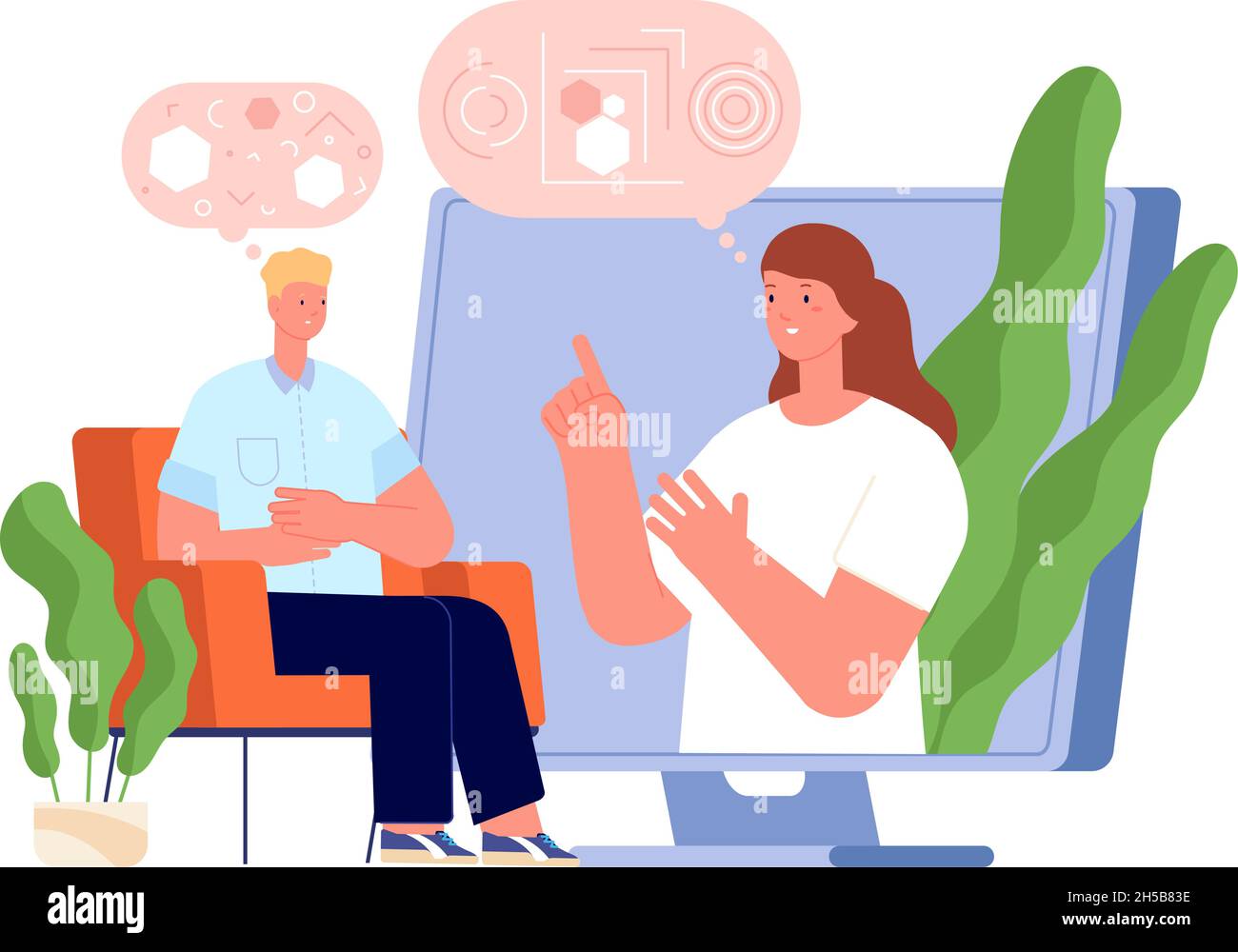 Online therapy. Doctor consultant support, communication with computer. Psychologist counseling patient, health discussion utter vector concept Stock Vector