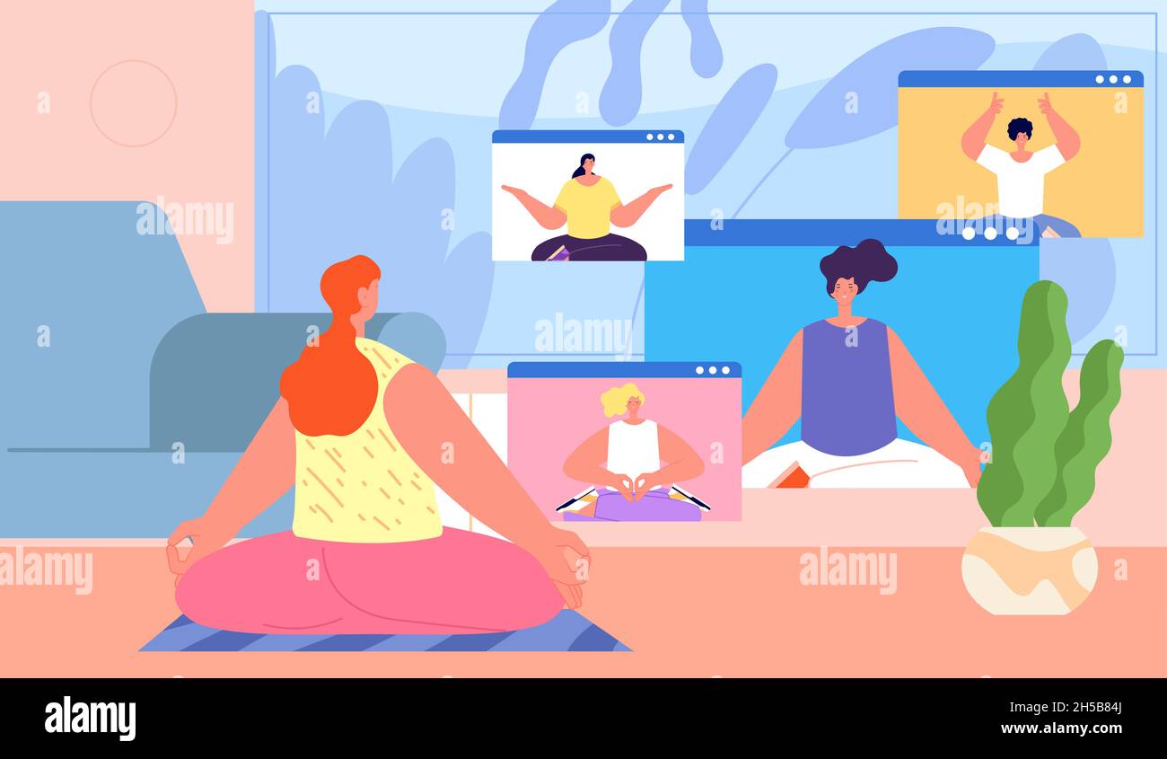 Home yoga. Online group workout, resting in meditation pose together