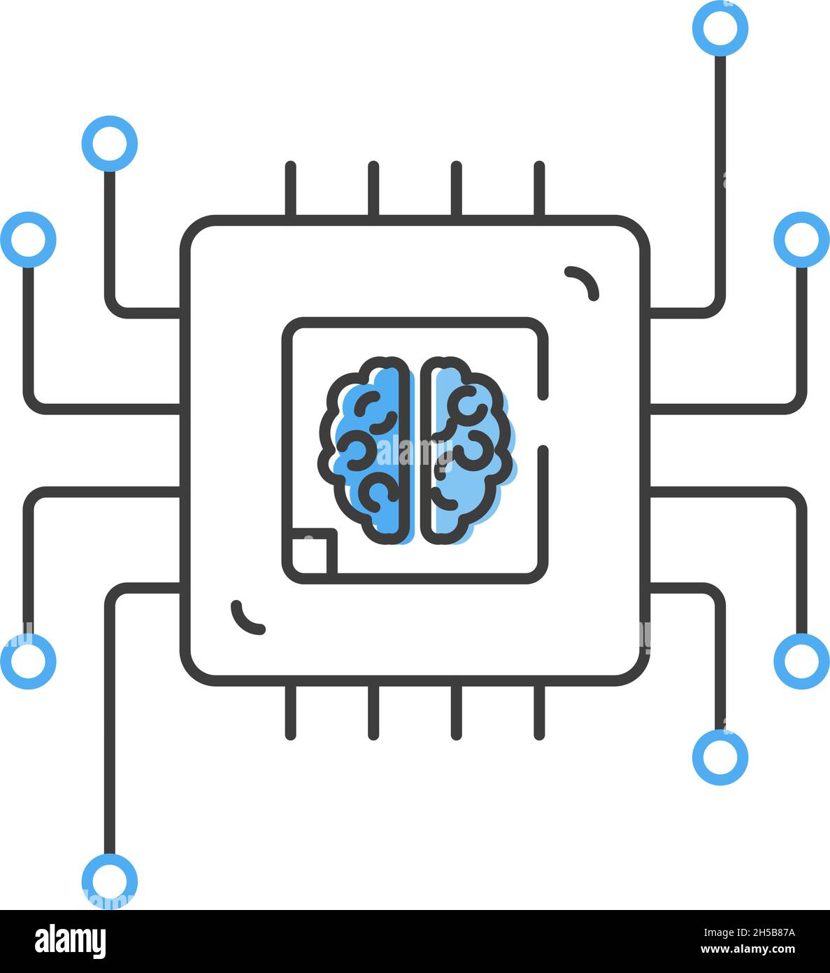 Human brain inside a CPU computer chip. AI or Artificial Intelligence concept. Flat style icon. Isolated. Stock Vector