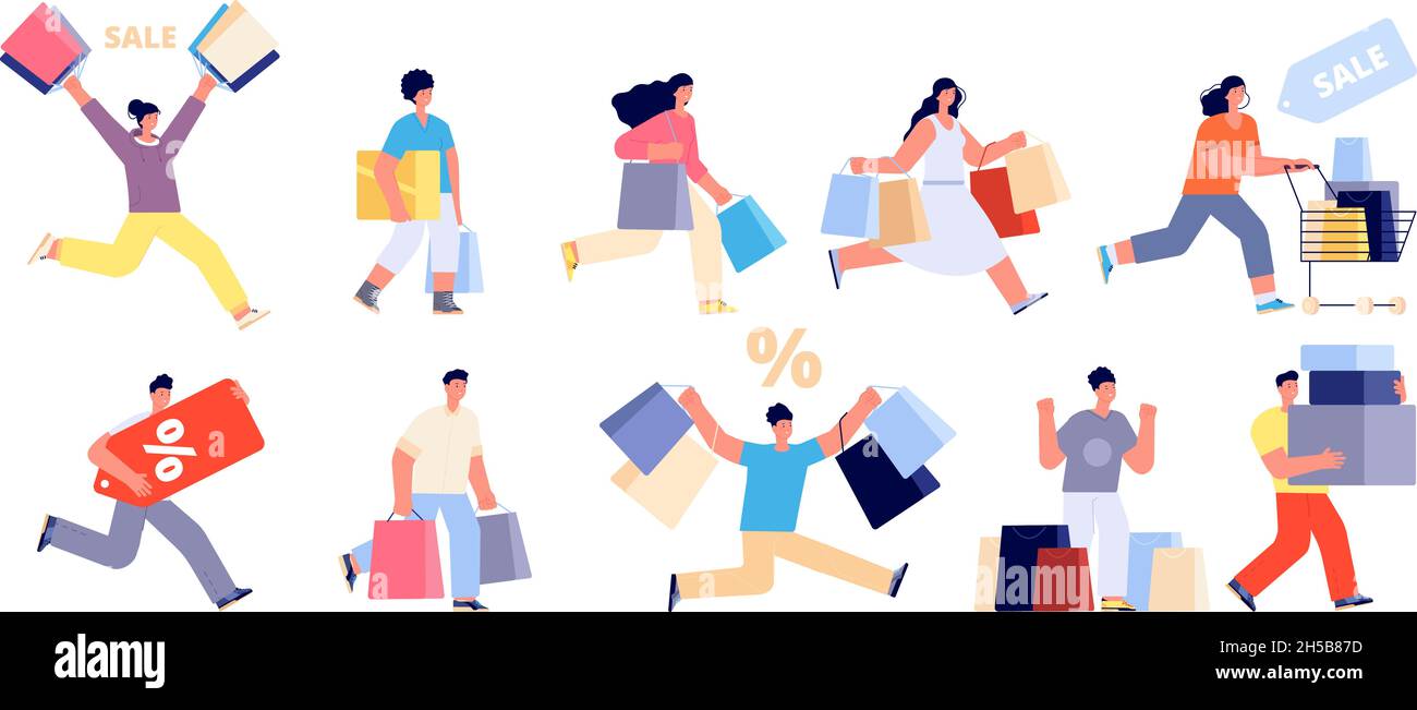 Happy people on sale. Shopping man, shop woman consumer. Person with cart, girl walk clothes shops. Isolated shoppers holding bag utter vector set Stock Vector